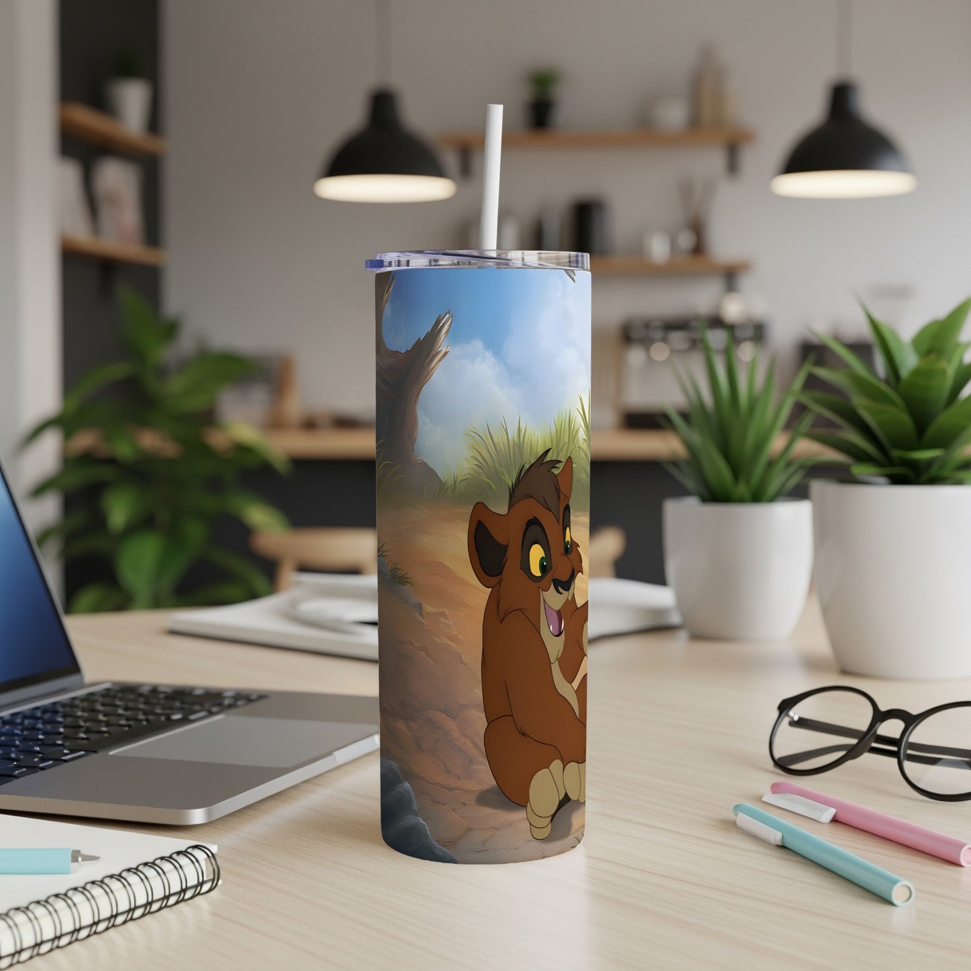 Kovu from The Lion King 2 Disney tumbler on a desk.