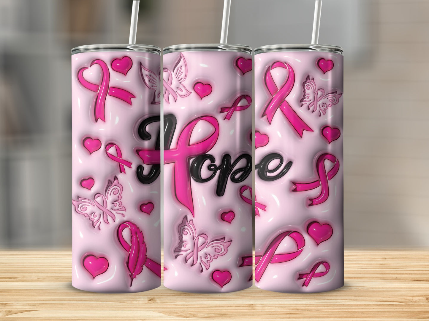 Pink tumbler with "Hope" text and breast cancer ribbons and butterflies.