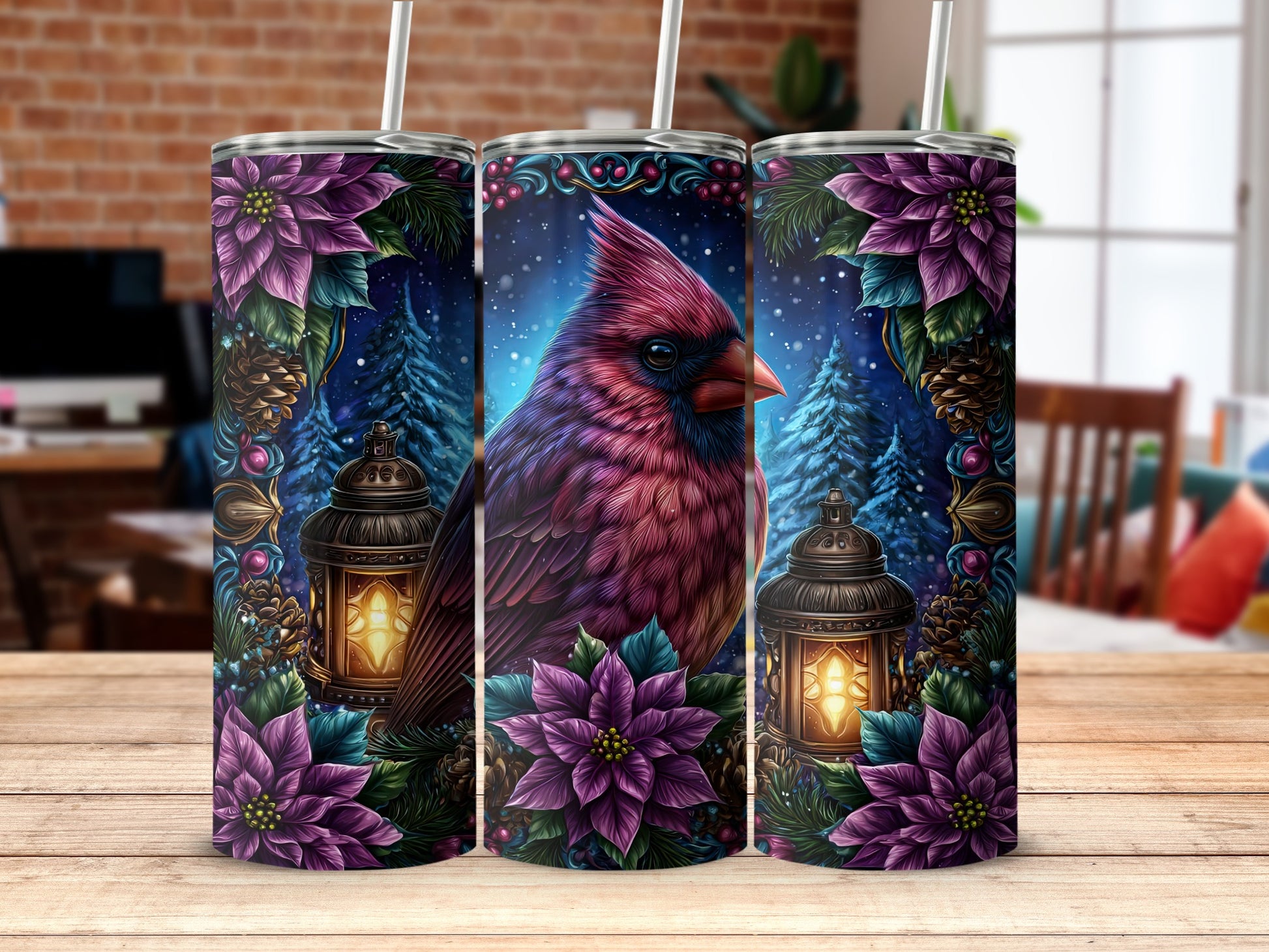 Christmas Cardinal Tumbler with Lantern and Flowers