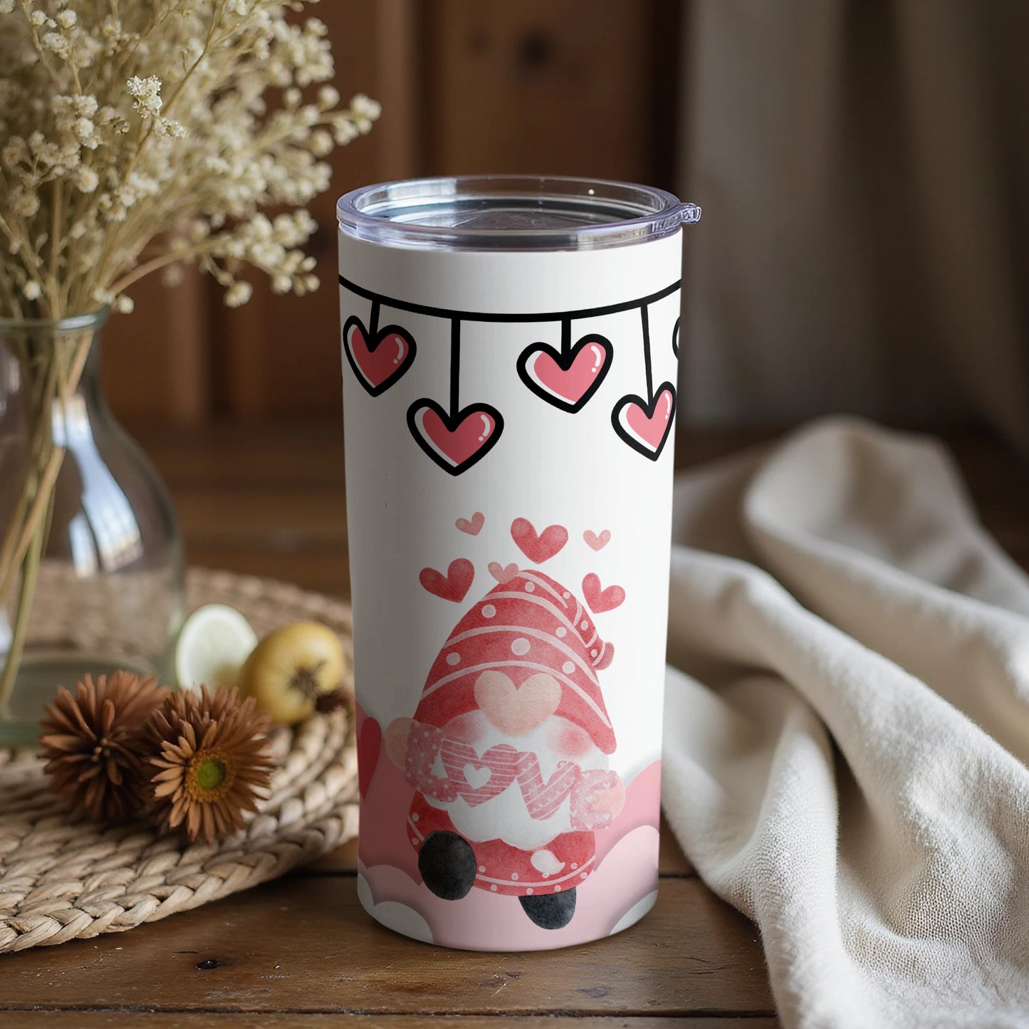 Valentine Gnome Hearts Pattern Tumbler