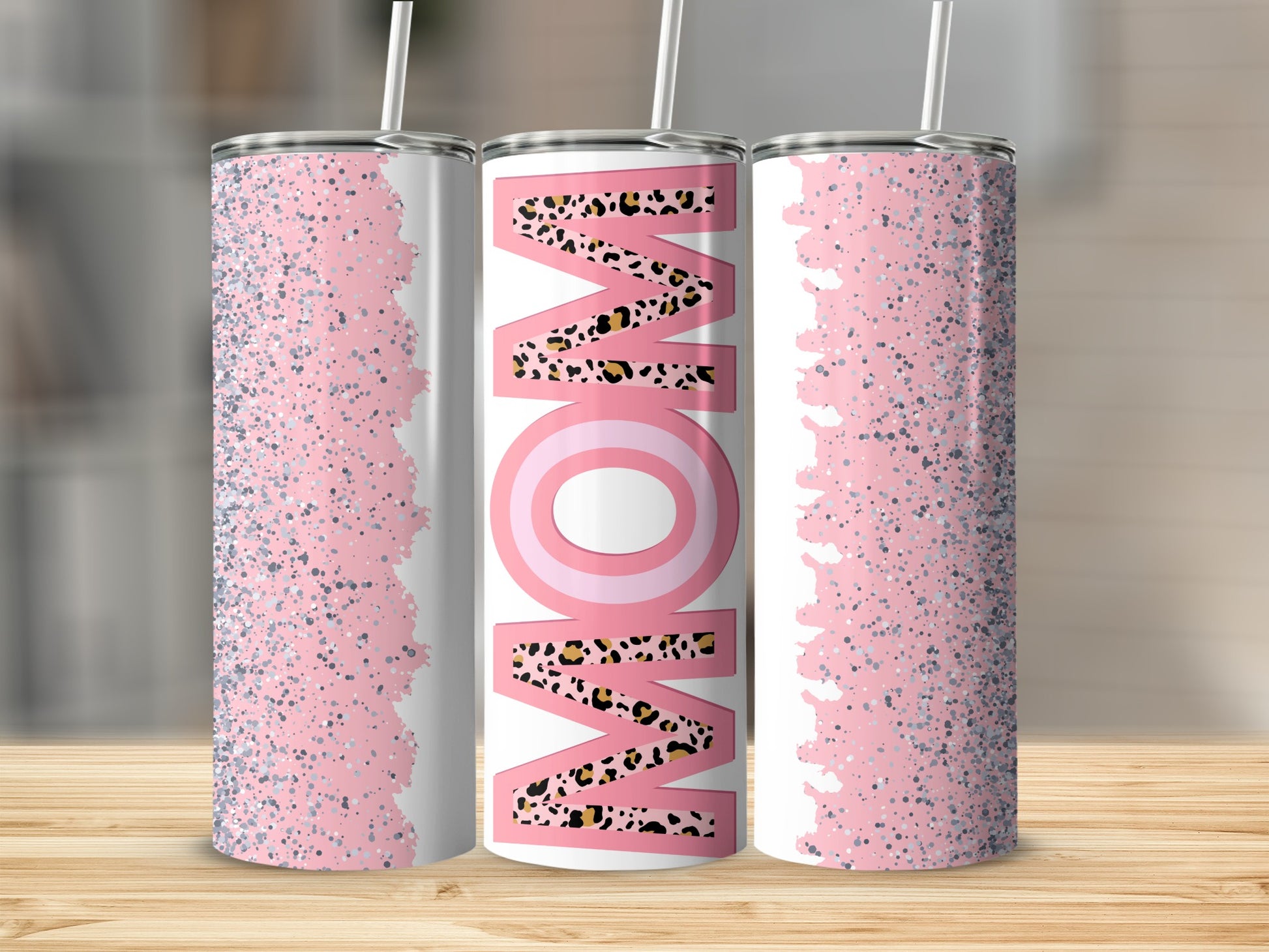 Pink Glitter Leopard MOM Design Stainless Steel Tumbler