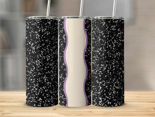 Three tumblers: two with black speckled pattern, one with wavy pastel design.