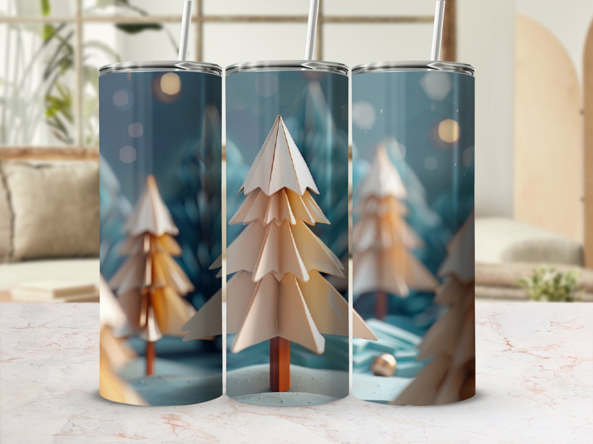 Three paper Christmas trees with bokeh background on tumblers.