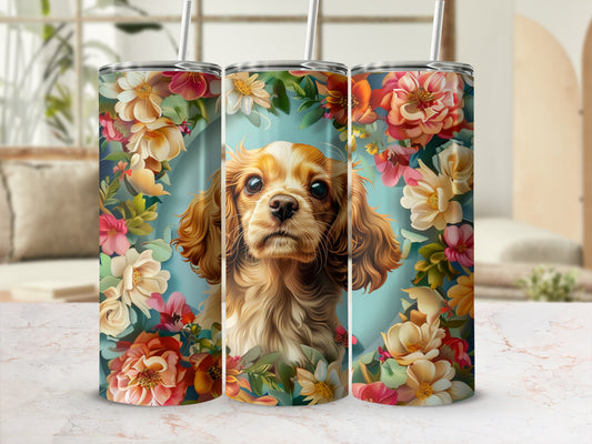 Dog portrait surrounded by a vibrant floral frame.