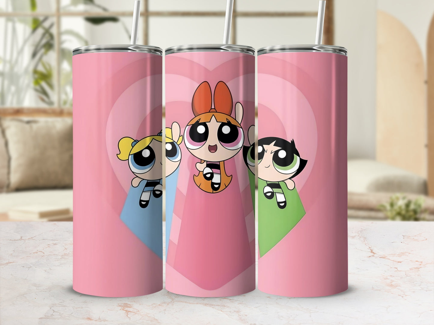 Cute Powerpuff Girls Pink Tumbler with Straw