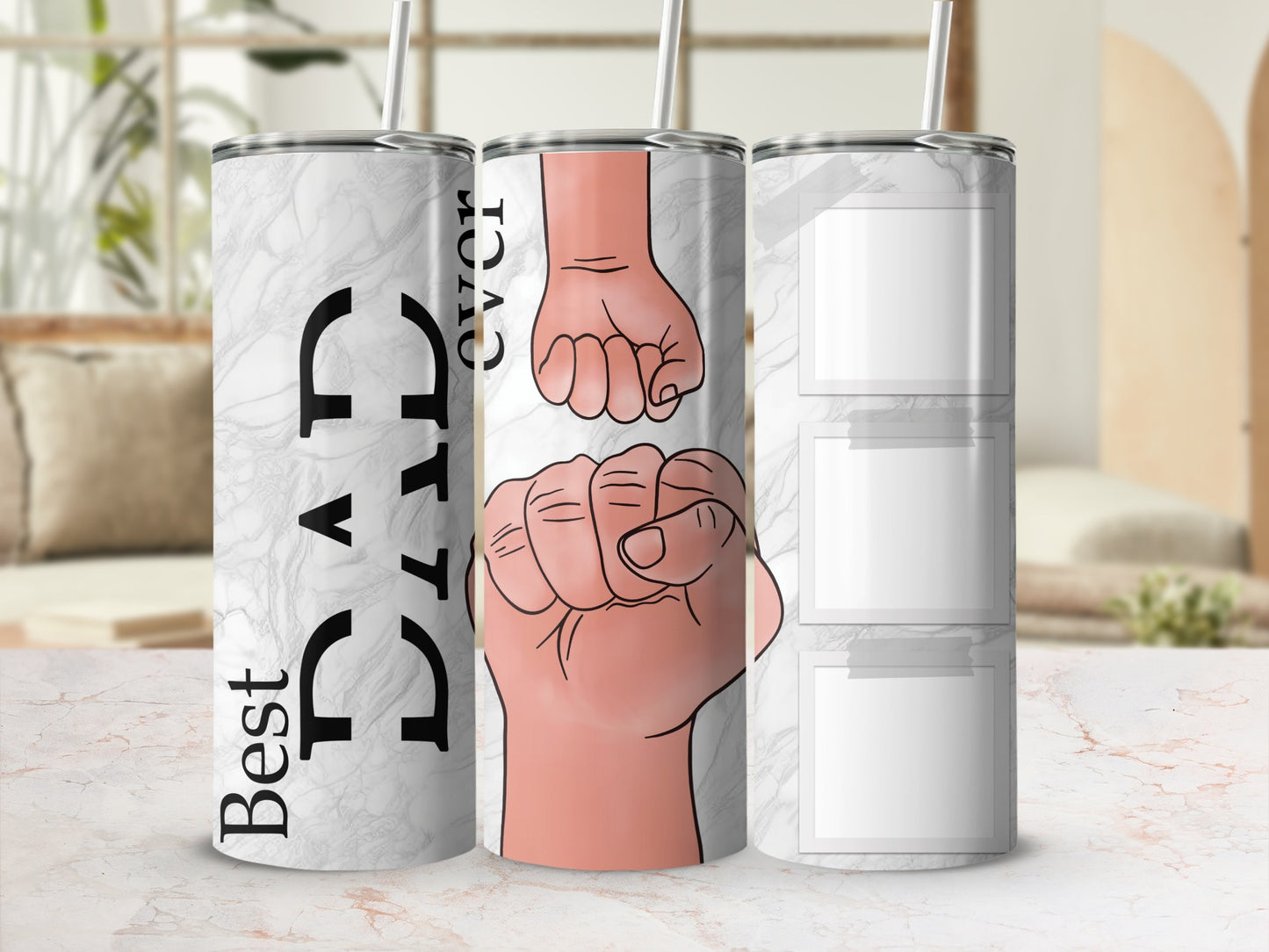 Best Dad ever tumbler with fist graphics and empty photo frames.