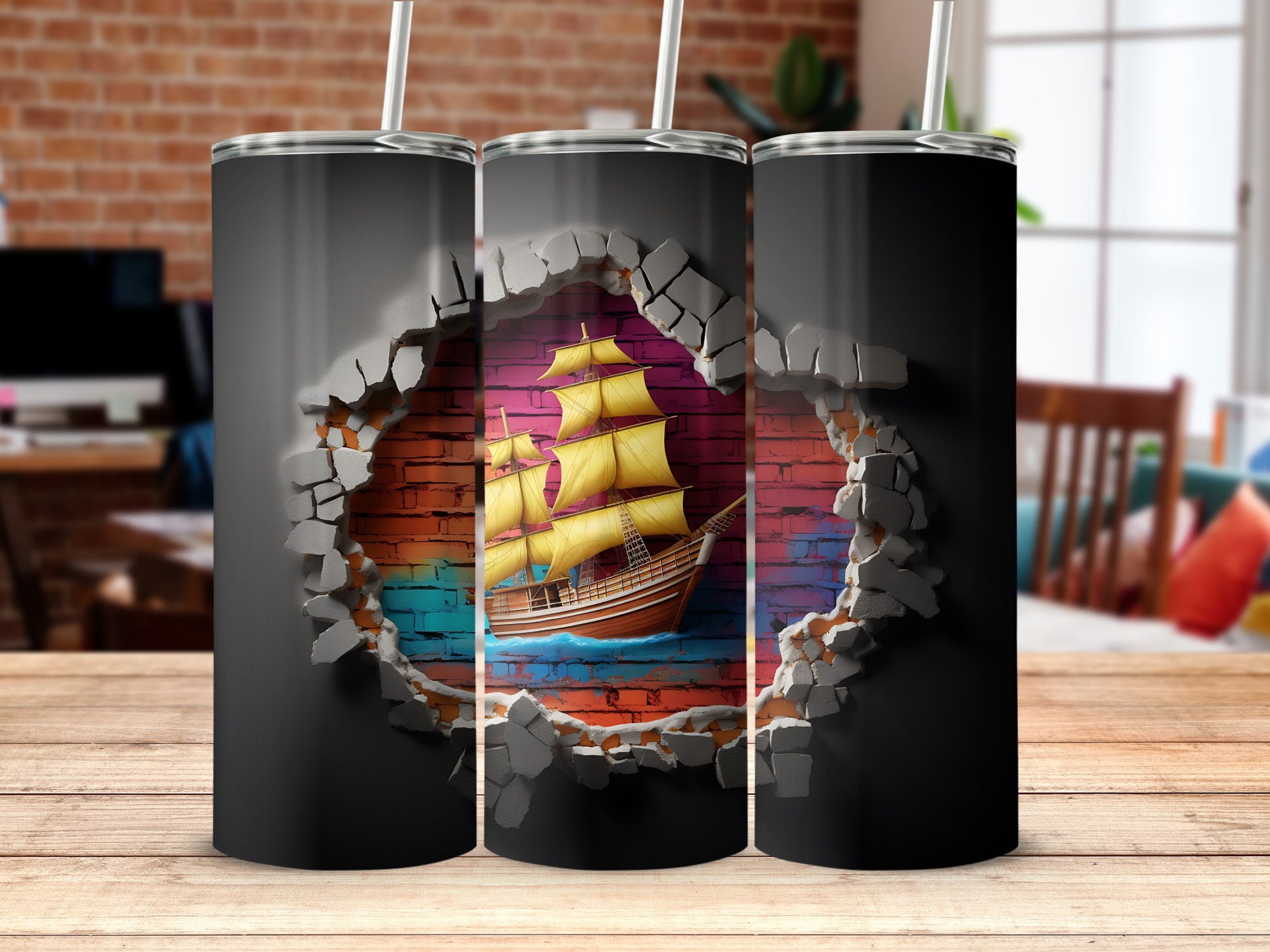 Breaking Wall Design with Sailing Ship Tumbler