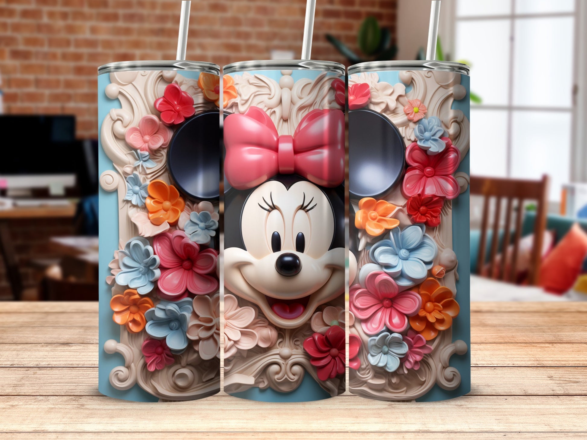 Colorful Minnie Mouse Themed Floral Design Tumbler