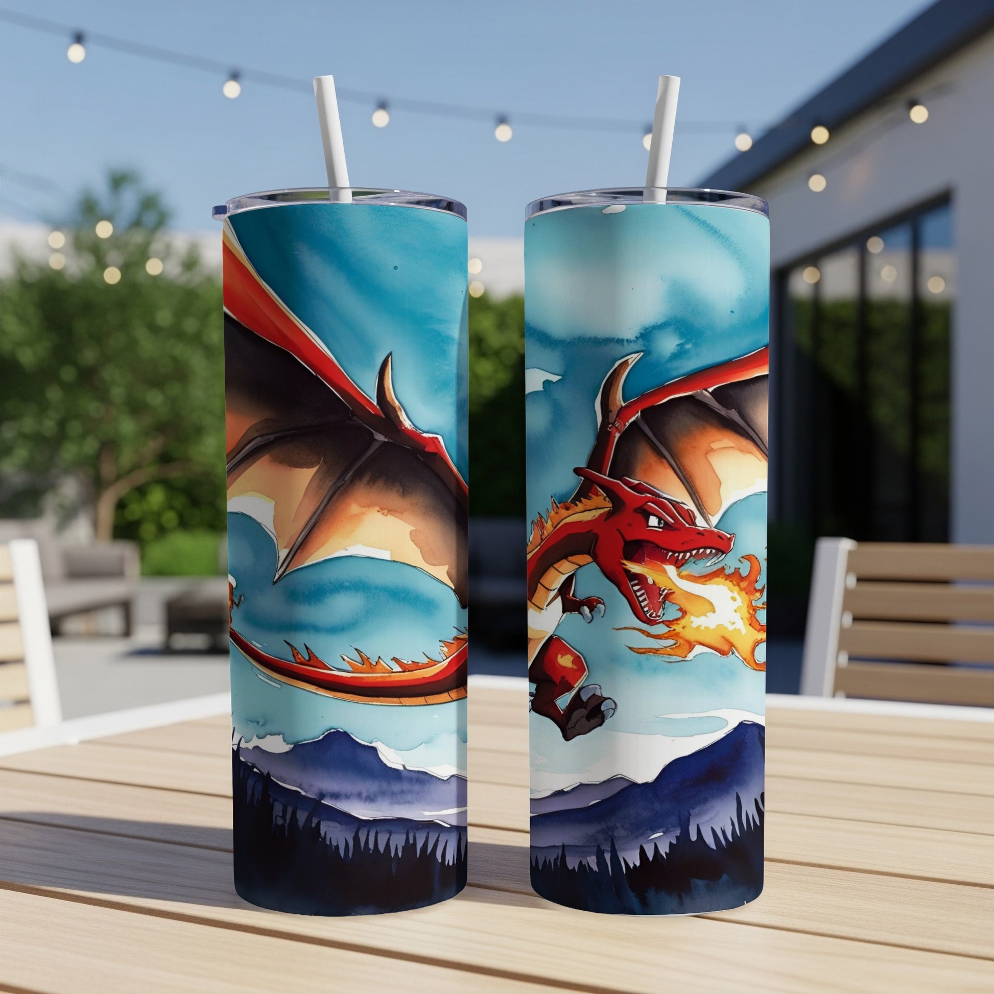 Watercolor dragon breathing fire over mountains on a blue sky background.