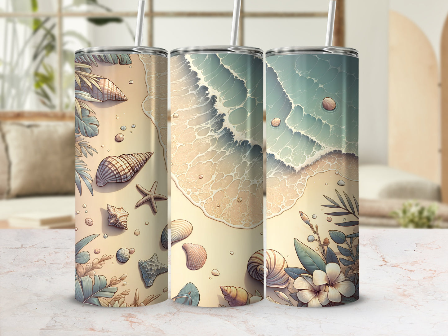 Three beach-themed tumblers with shells, starfish, and ocean waves.