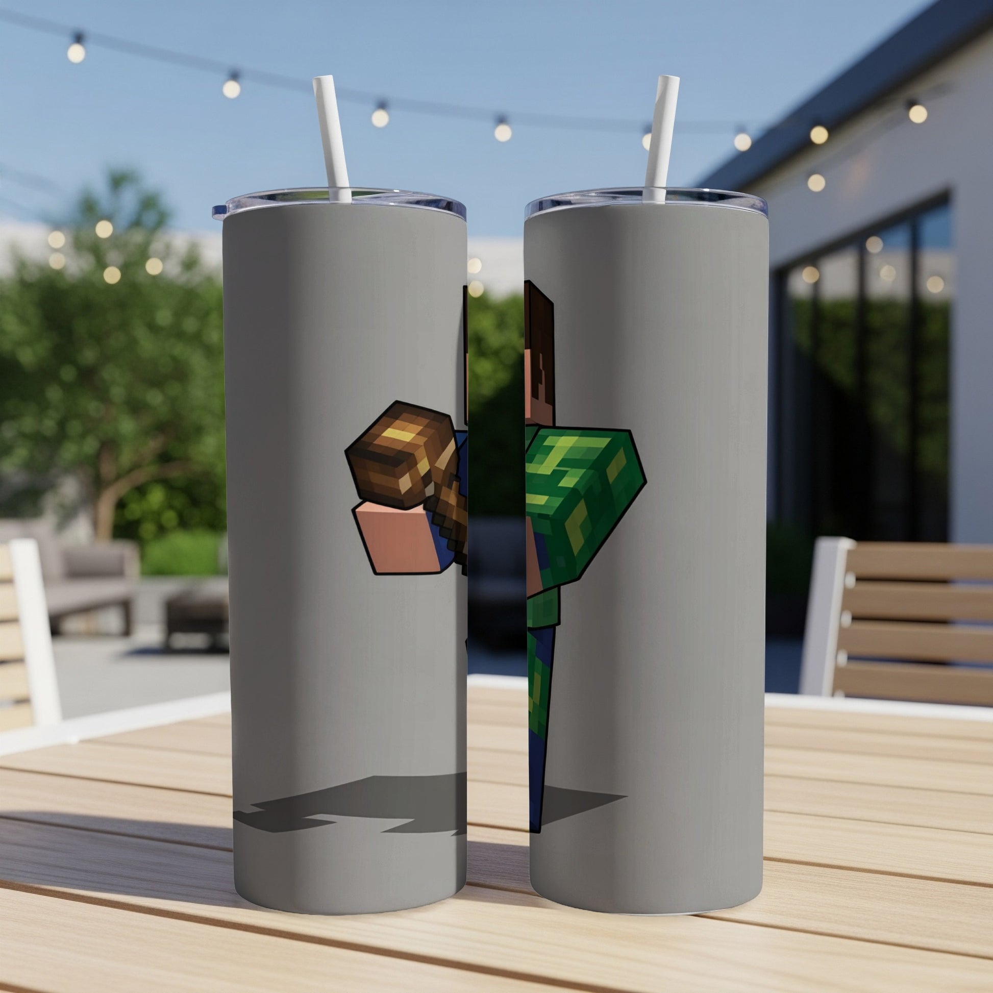 Two Minecraft characters with pixelated designs on gray tumblers.