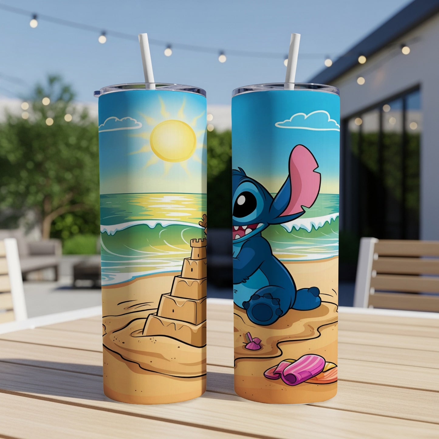 Two tumblers with Stitch and a sandcastle on a beach scene.