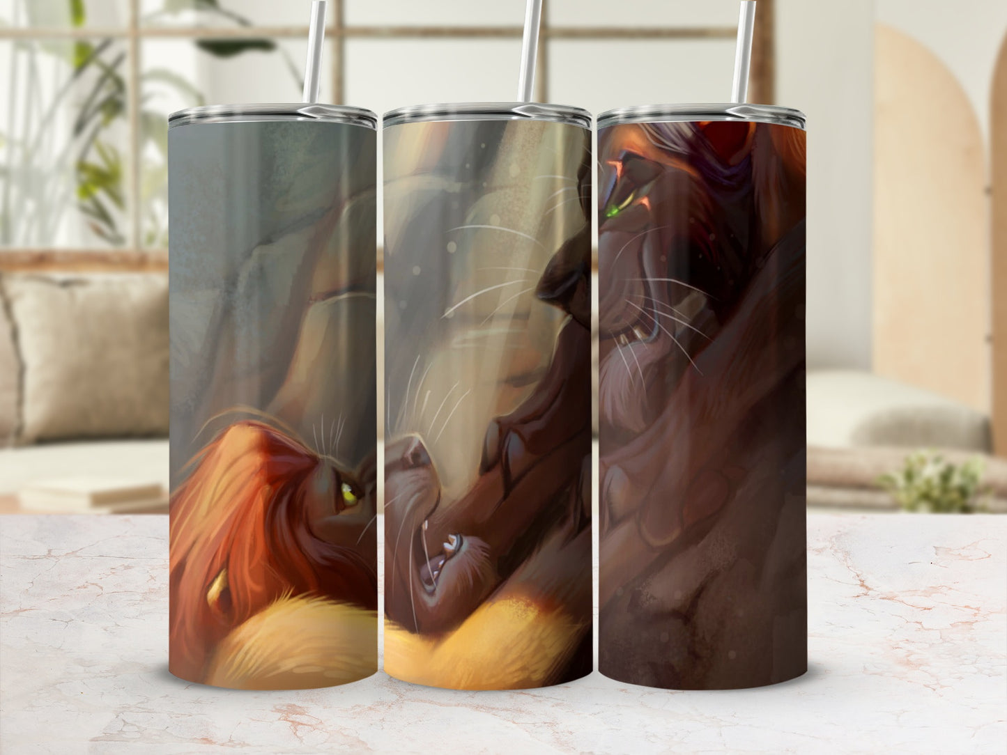 Simba and Mufasa from The Lion King on three tumblers.