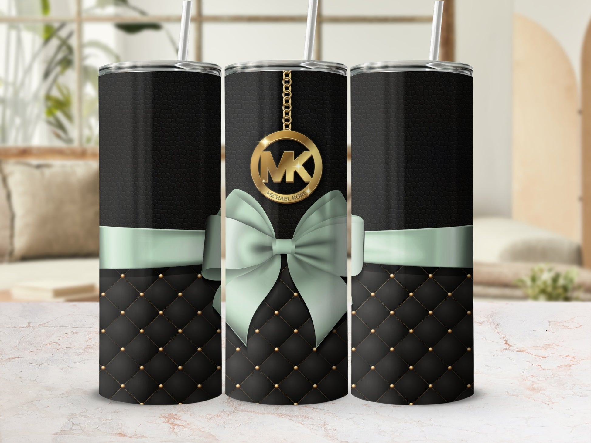 Stylish Black and Mint Tumbler with Bow Design