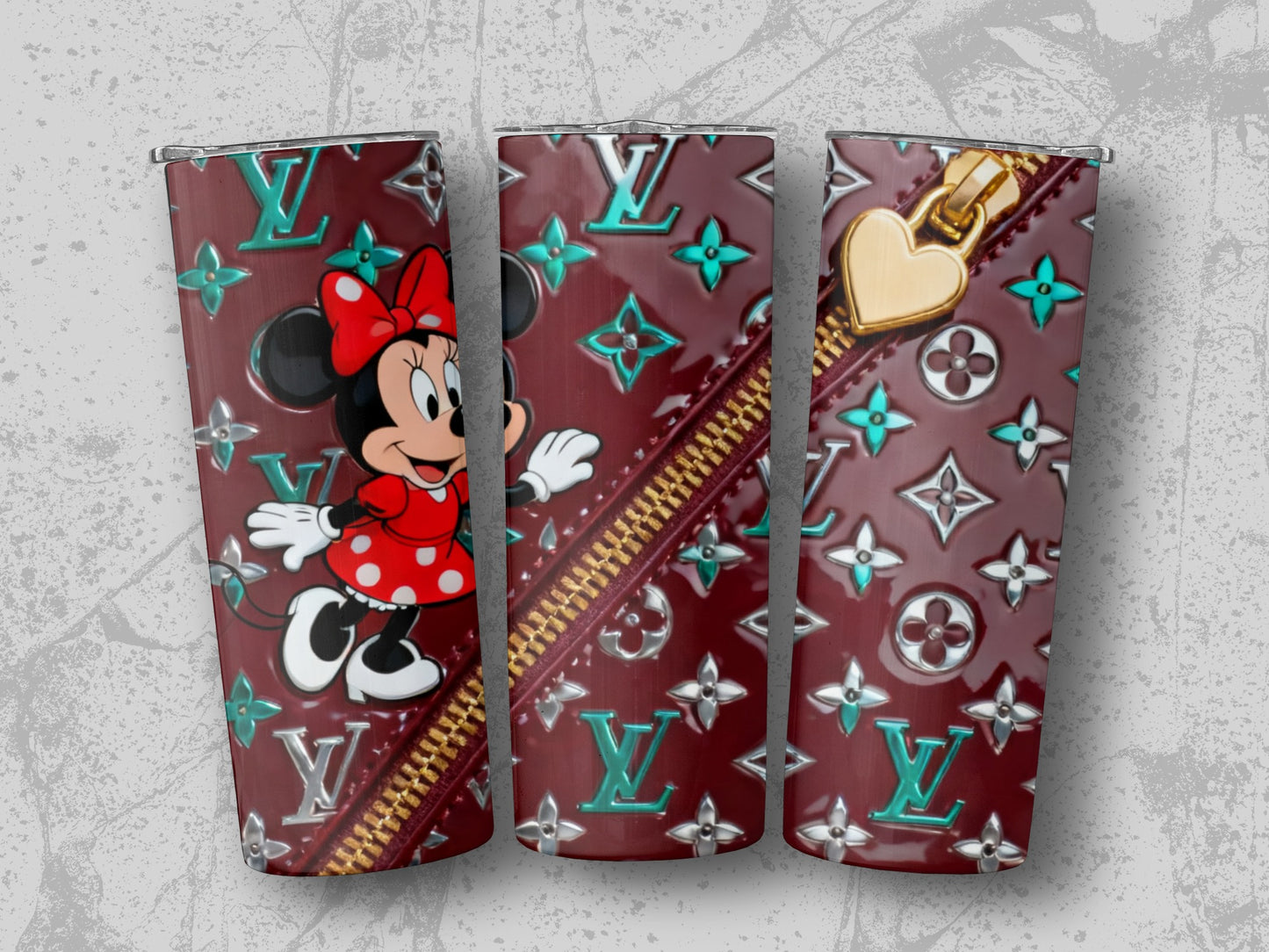 Minnie Mouse on maroon Louis Vuitton print tumbler with gold zipper.