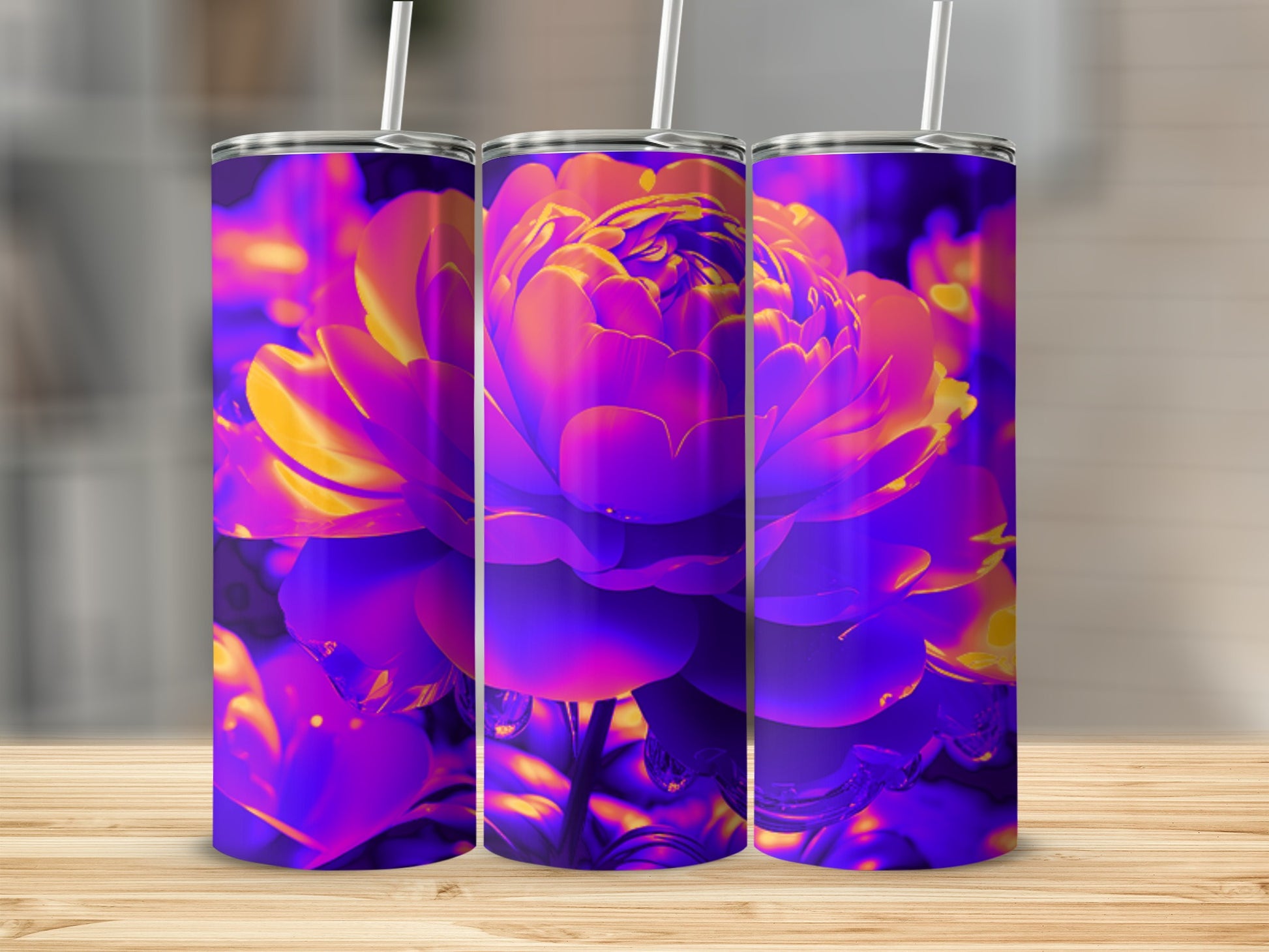 Three tumblers with vibrant purple and yellow floral pattern.