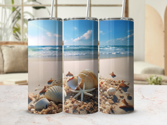 Three tumblers showing a beach scene with shells and starfish.