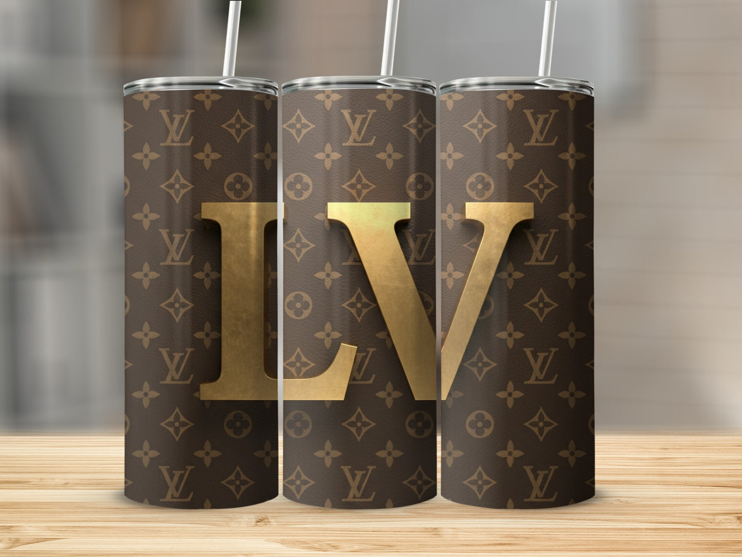 Elegant Designer LV Themed Tall Tumblers with Straws