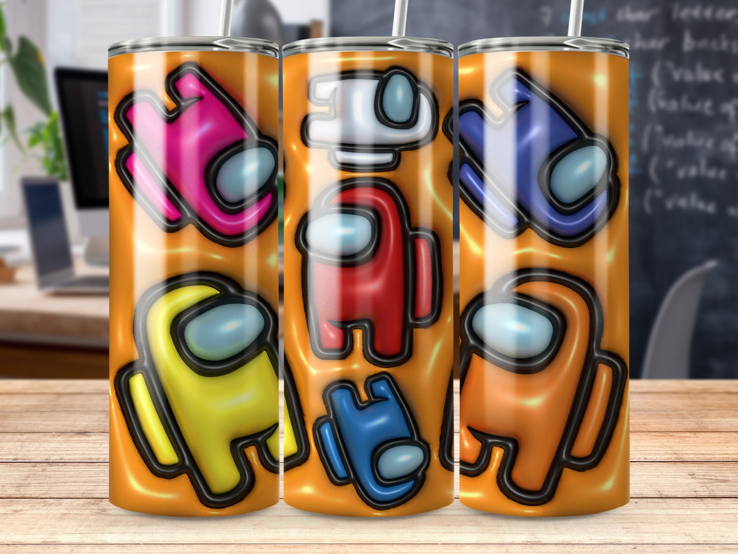 Crewmates From Popular Game on Orange Background Tumblers