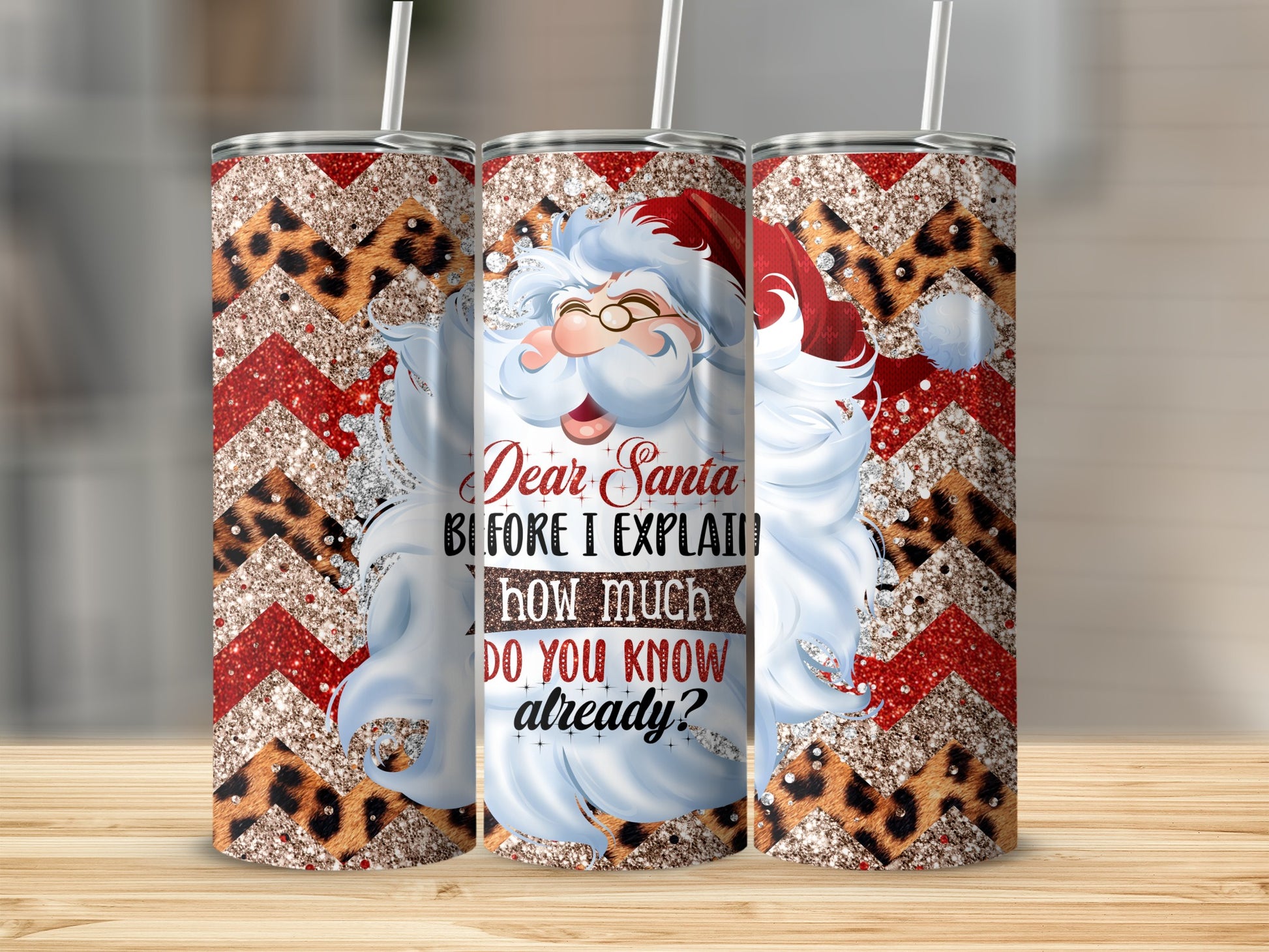 Three tumblers with Santa Claus, leopard print, and red chevron patterns.