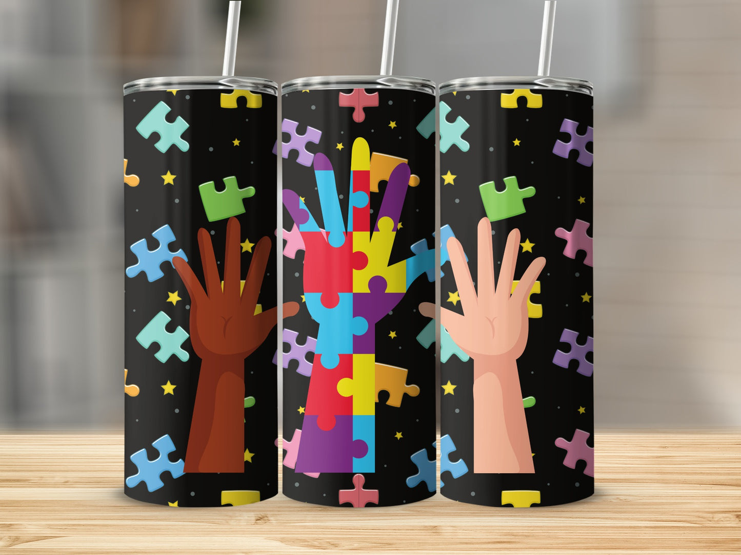 Colorful Puzzle Piece Pattern Tumbler Autism Awareness