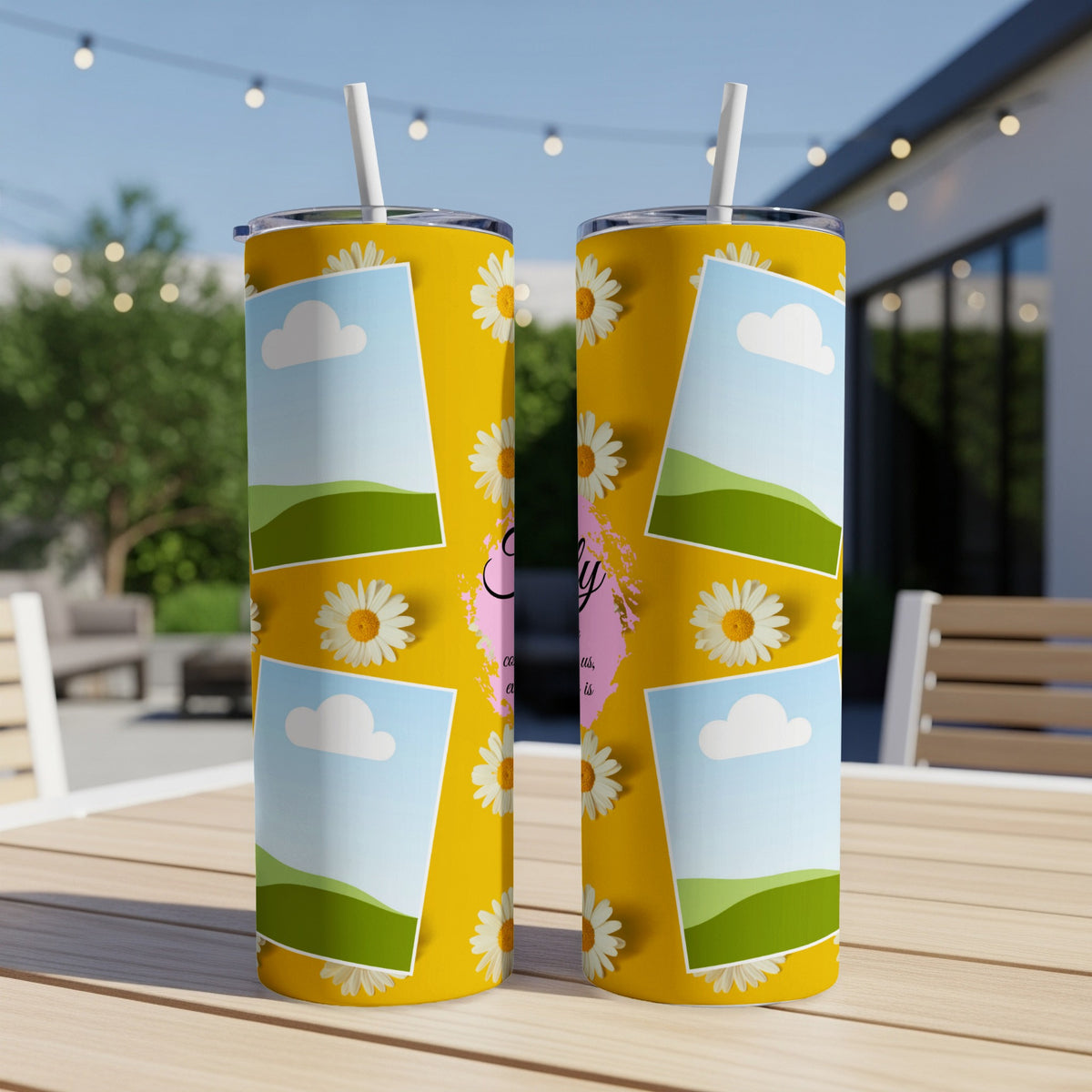 Yellow tumblers with daisies, landscape images, and text "Family".