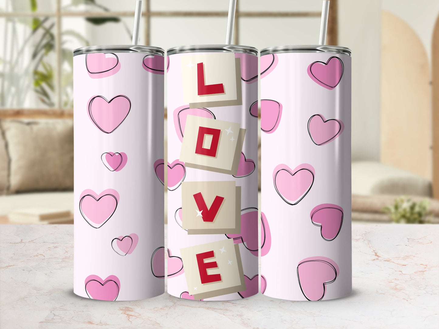 Pink Hearts and Love Design Tumbler Product