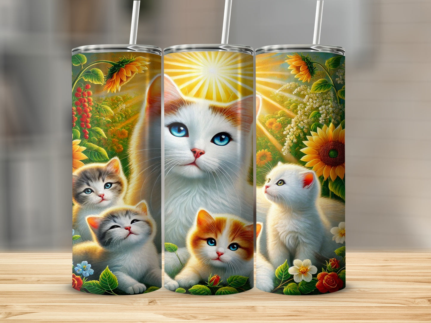 Sunflower and Cats Artistic Illustration Tumbler
