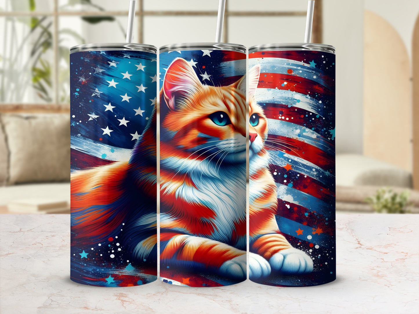 Orange tabby cat on patriotic USA flag background tumbler.