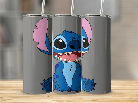Three gray tumblers featuring Stitch character with large ears and open mouth.