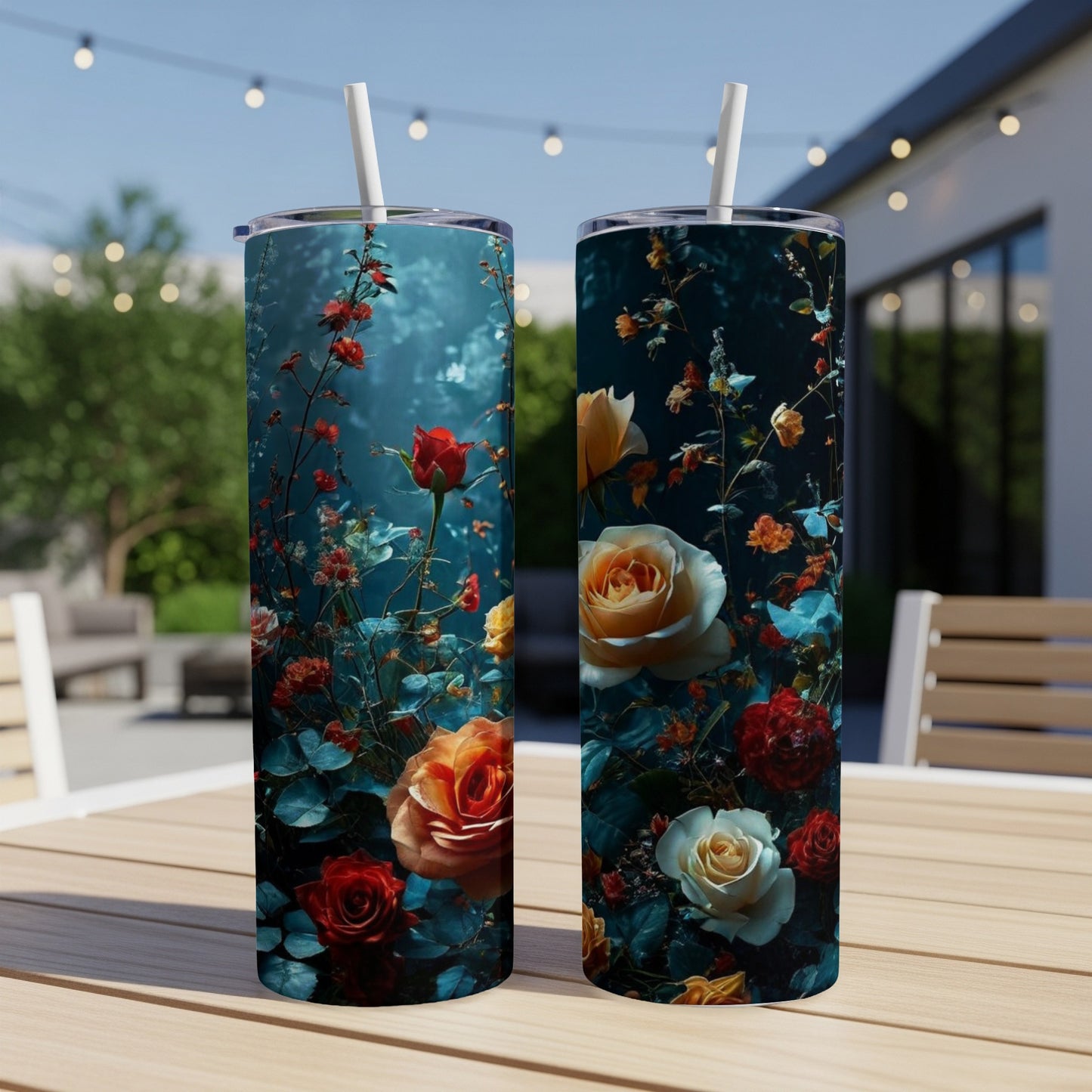 Two tumblers with a floral design of red and yellow roses on a blurred outdoor patio background.