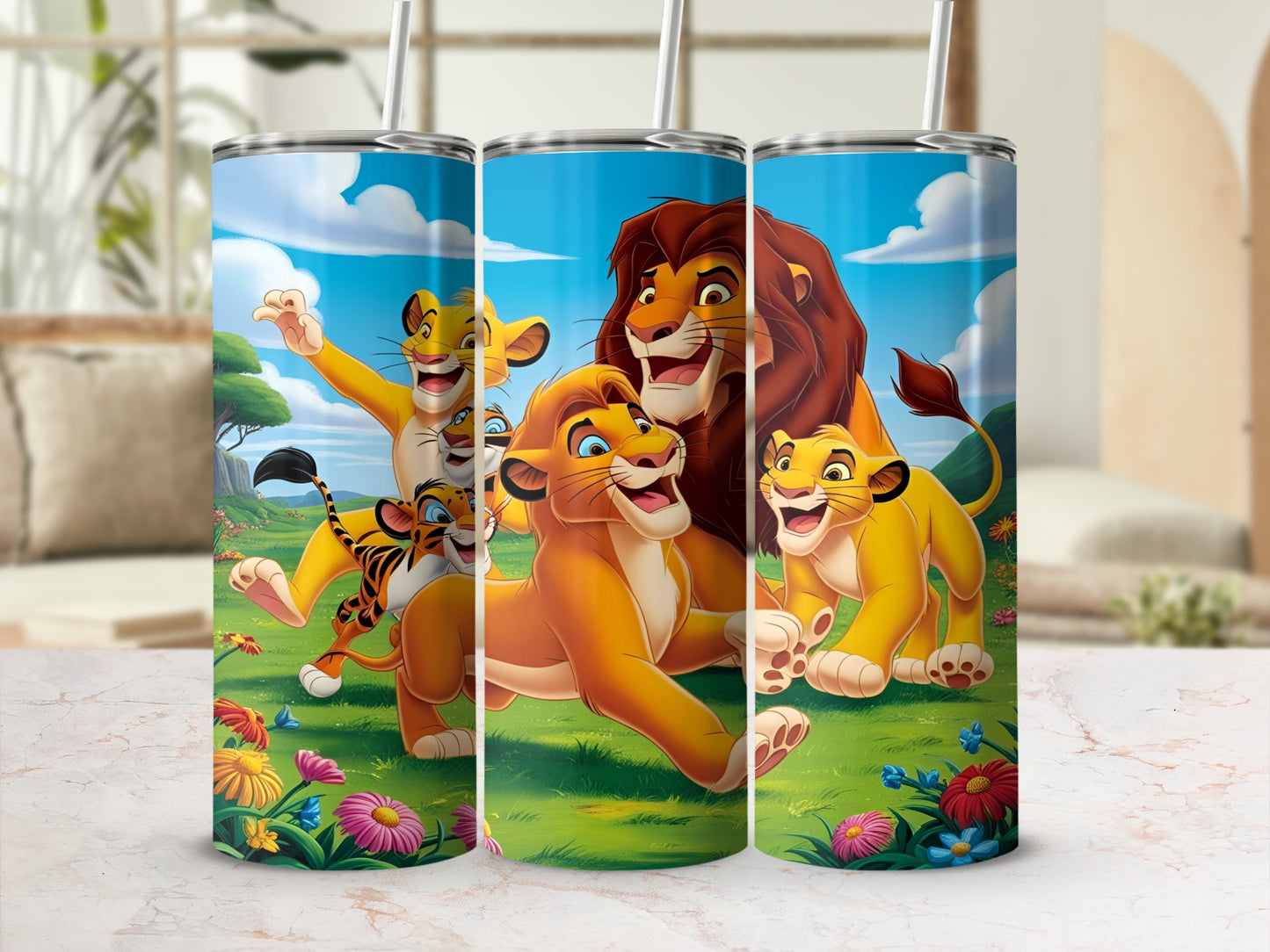 The Lion King characters Simba, Nala, and Pumbaa in a cartoon illustration.