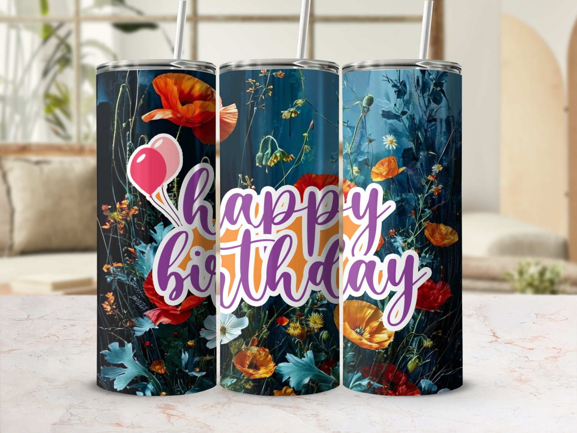 Floral birthday tumbler with balloons and text.