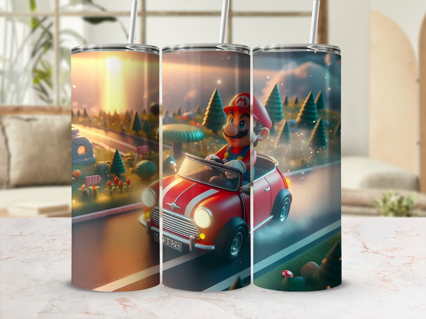 Mario Driving on Scenic Road Themed Tumbler
