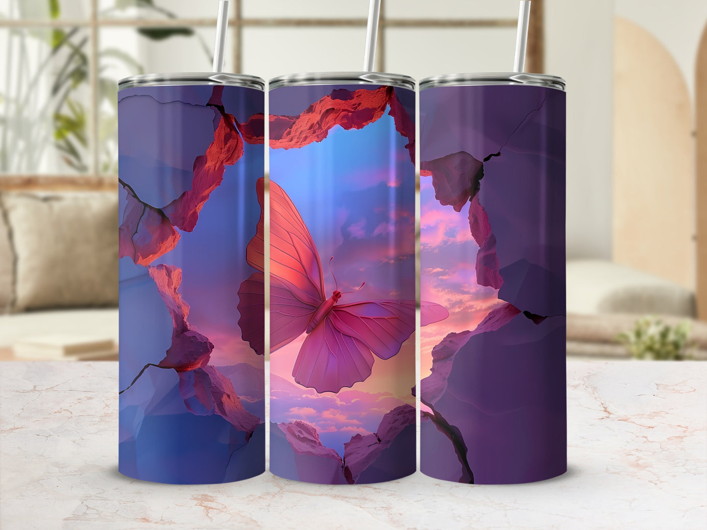 Three crackle-textured tumblers featuring a pink butterfly against a sunset sky.