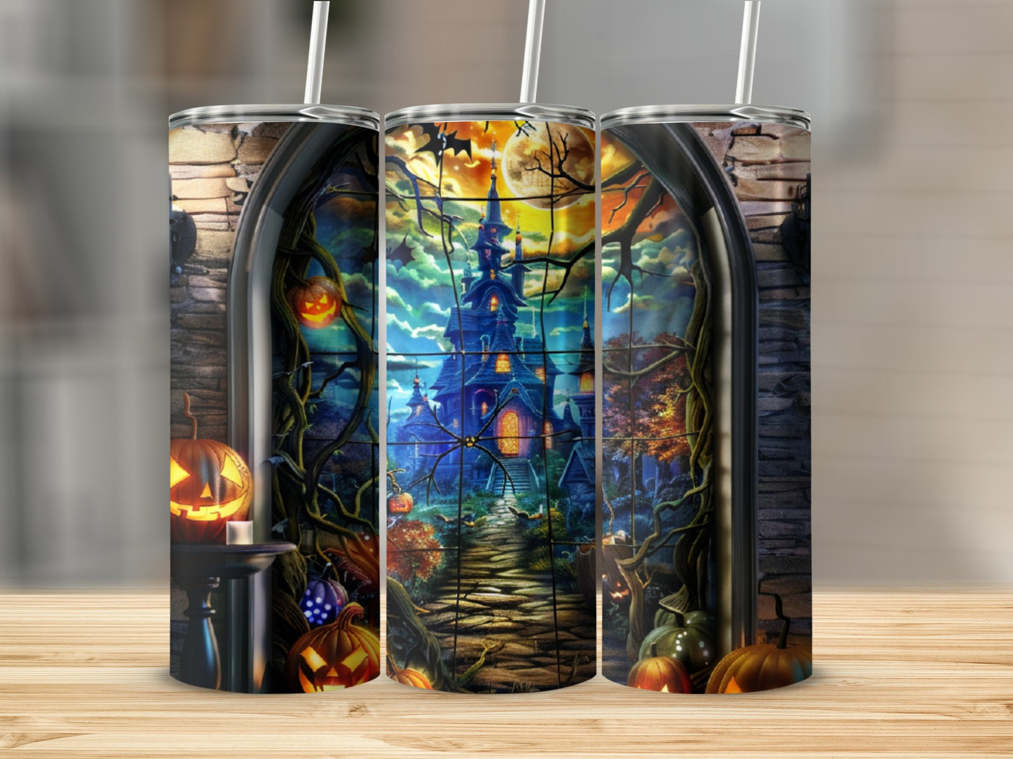 Spooky castle scene with pumpkins and bats through arched window.