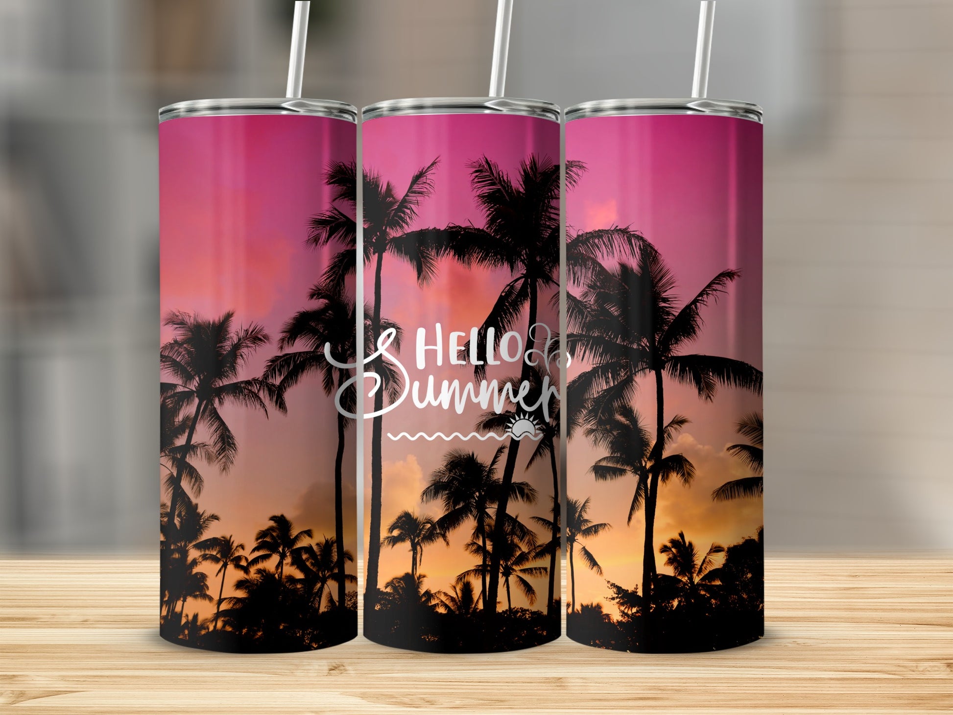 Tropical Sunset Palm Trees Hello Summer Tumbler product type