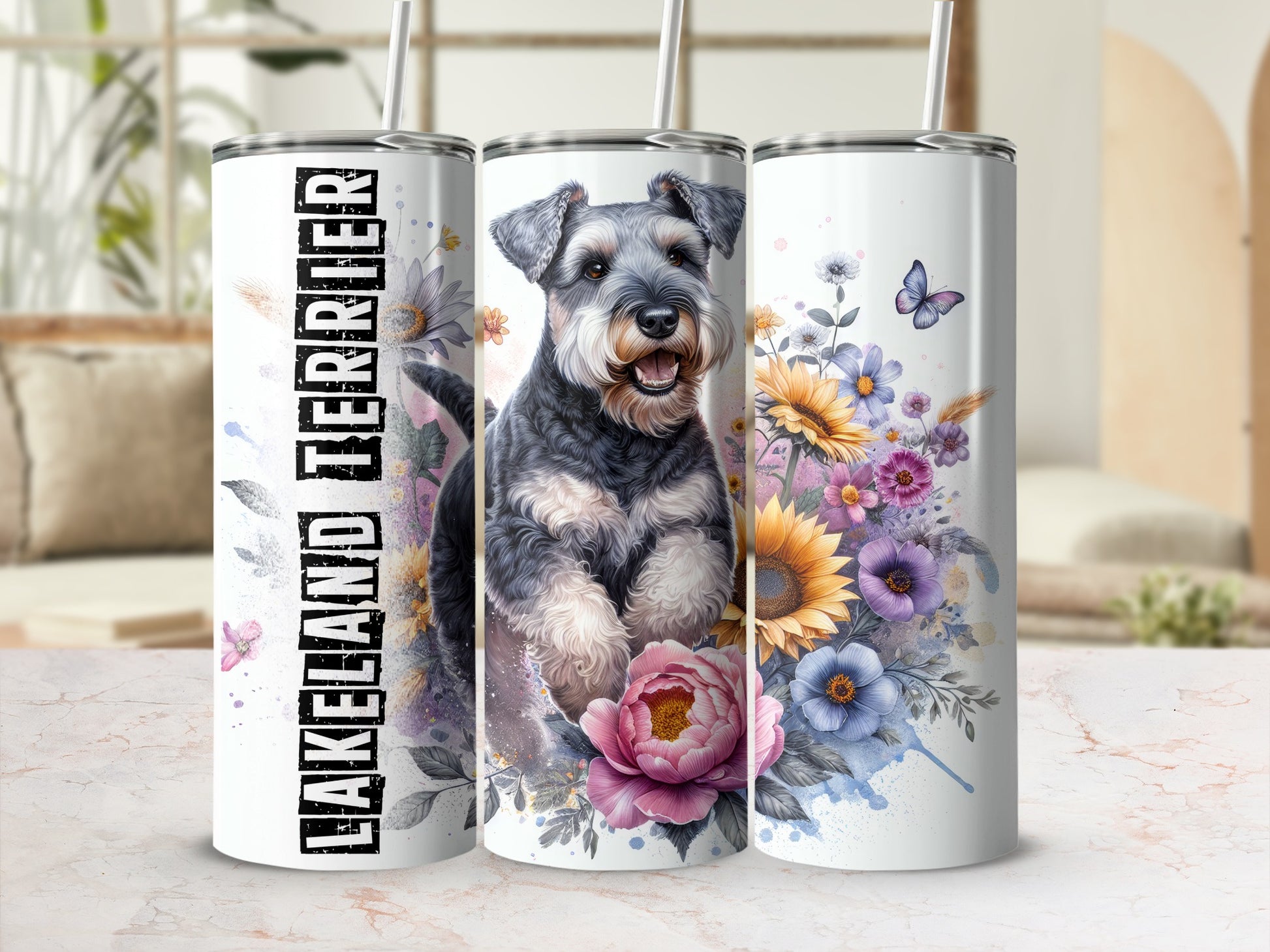 Miniature Schnauzer and flowers on a white tumbler with straw.