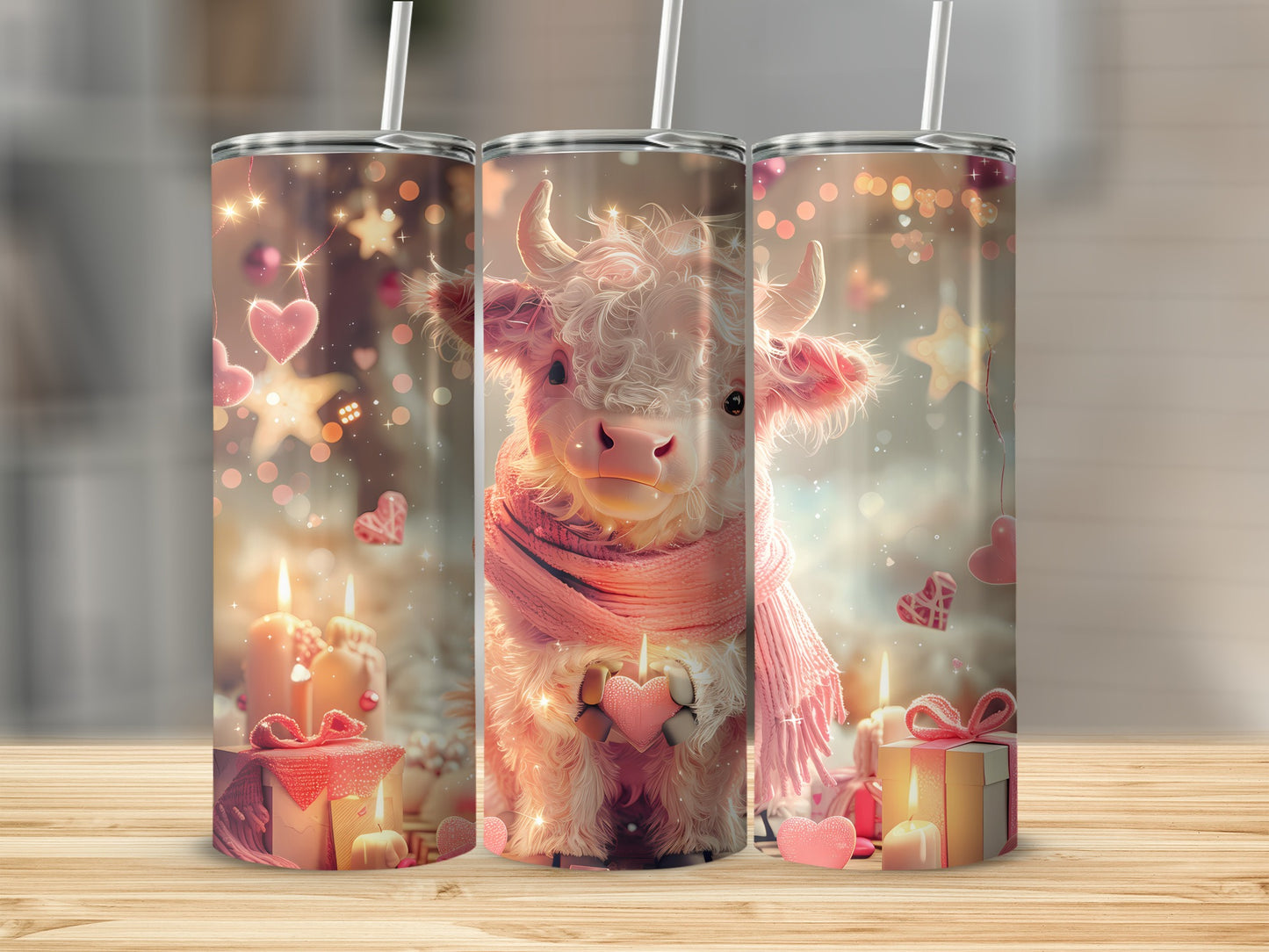 Pink cow wearing a scarf holding a heart, surrounded by gifts and lights.