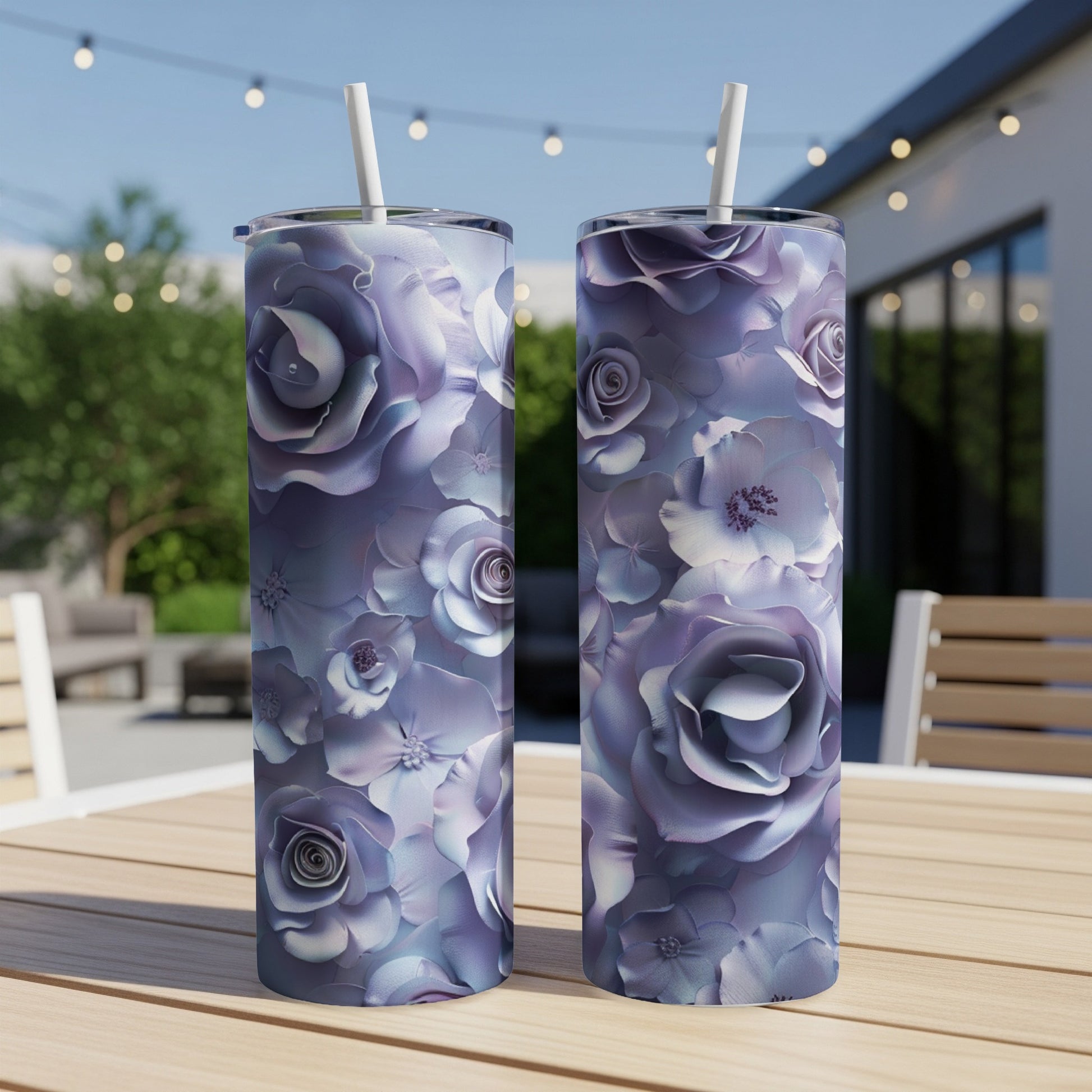 Two tall tumblers with detailed lavender and white floral patterns.