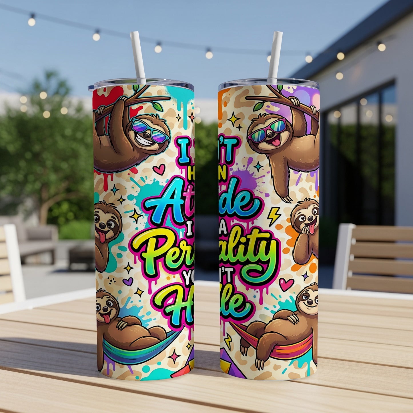 Two tumblers with colorful sloth designs and text reading "I have an attitude, personality, and a whole lot of you."