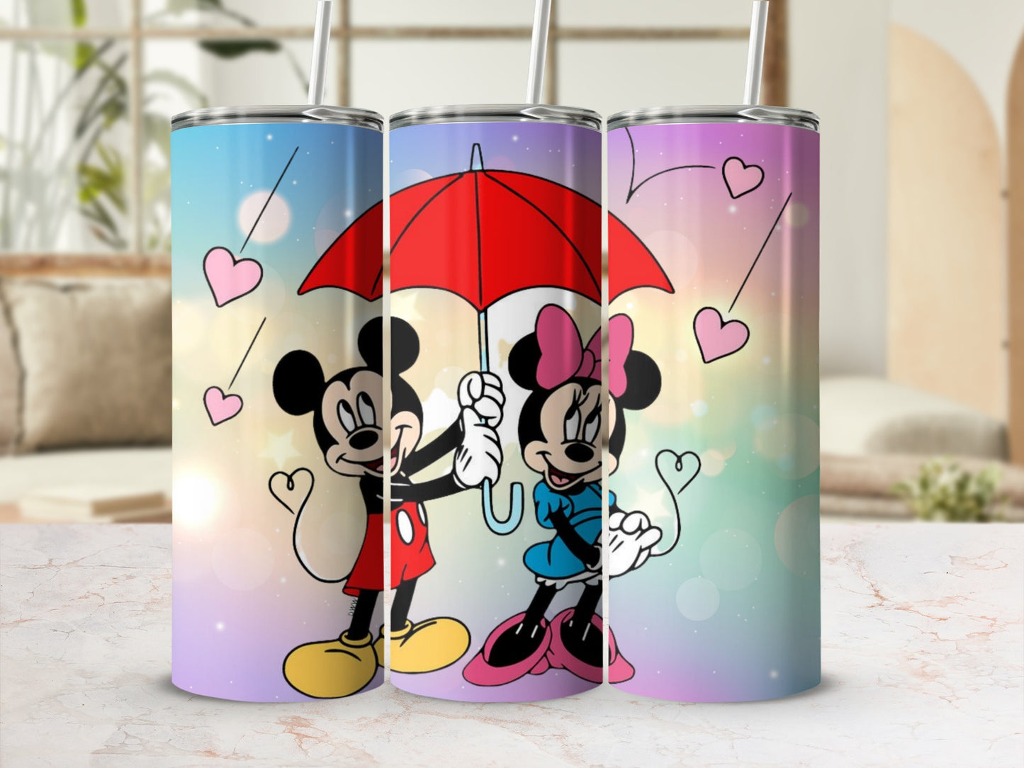 Mickey and Minnie Under Umbrella with Hearts Tumbler