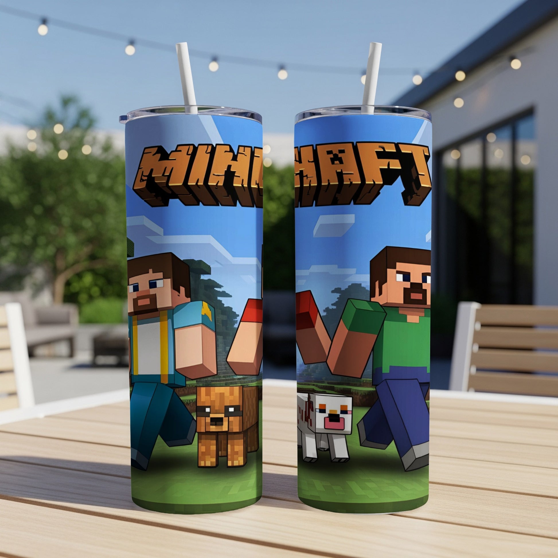 Minecraft characters Steve and Alex with dogs on a blue sky background.