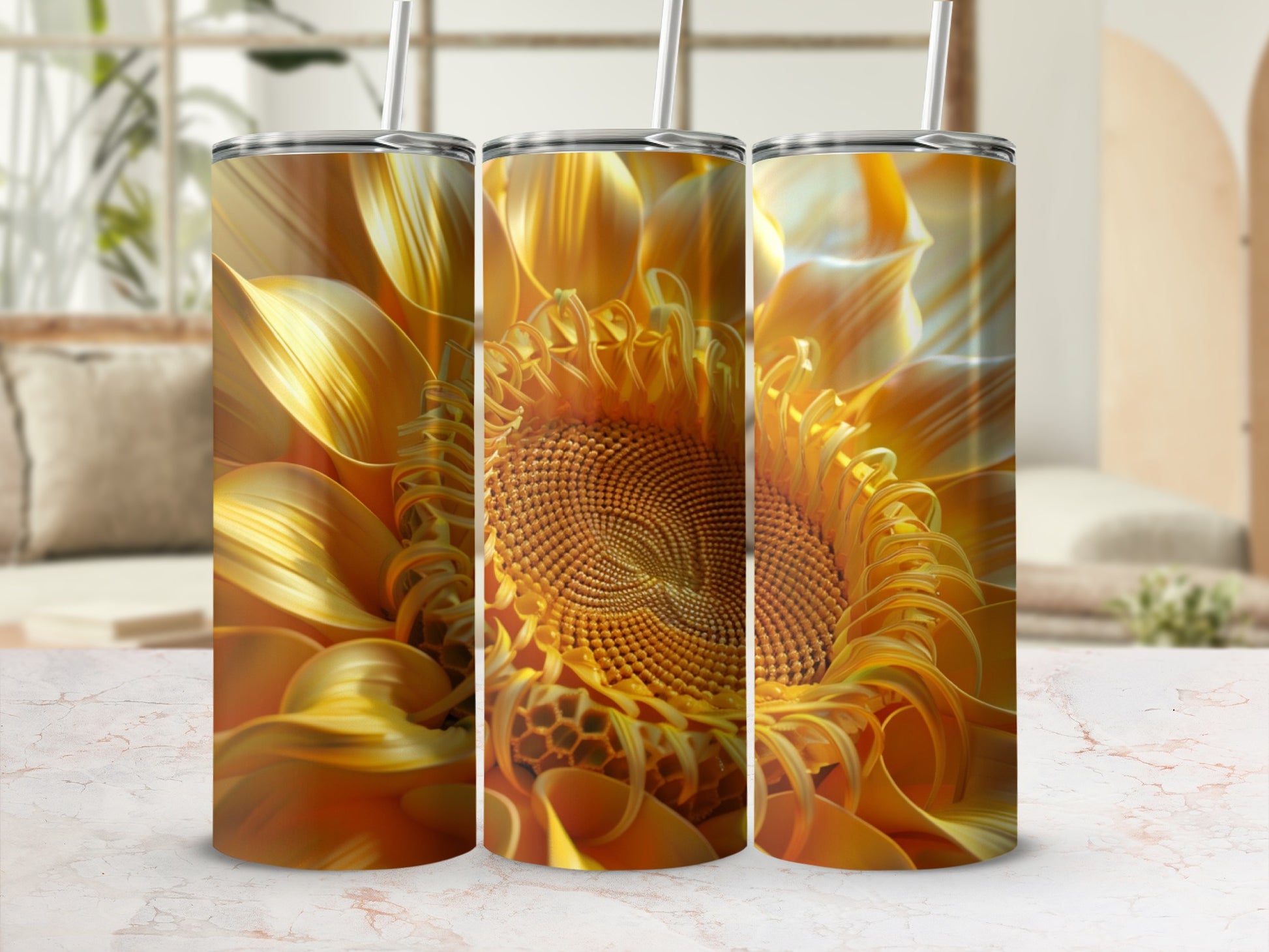 Close-up of a sunflower on three tumblers.