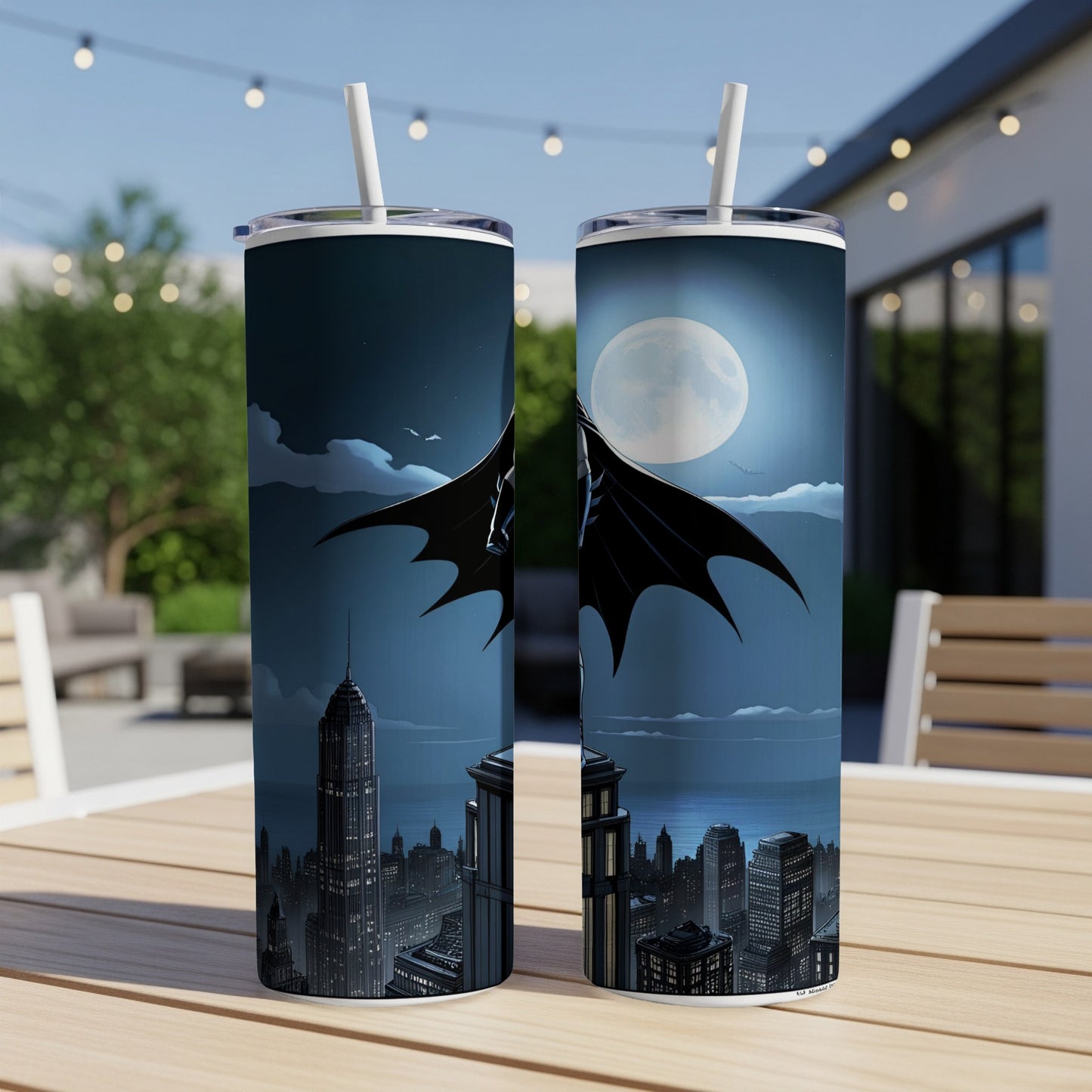 Batman silhouette against a full moon over a cityscape.