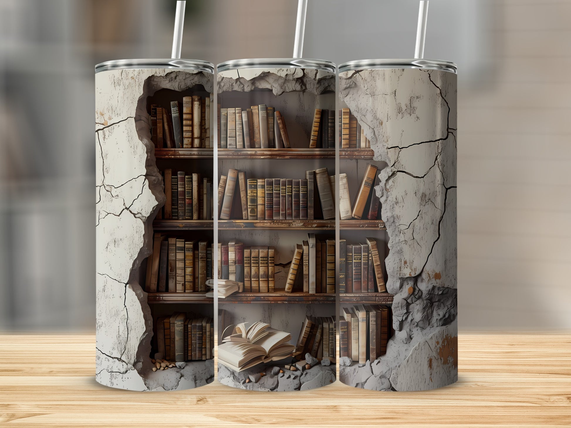 Three tumblers showing a cracked plaster wall revealing a bookshelf filled with books.