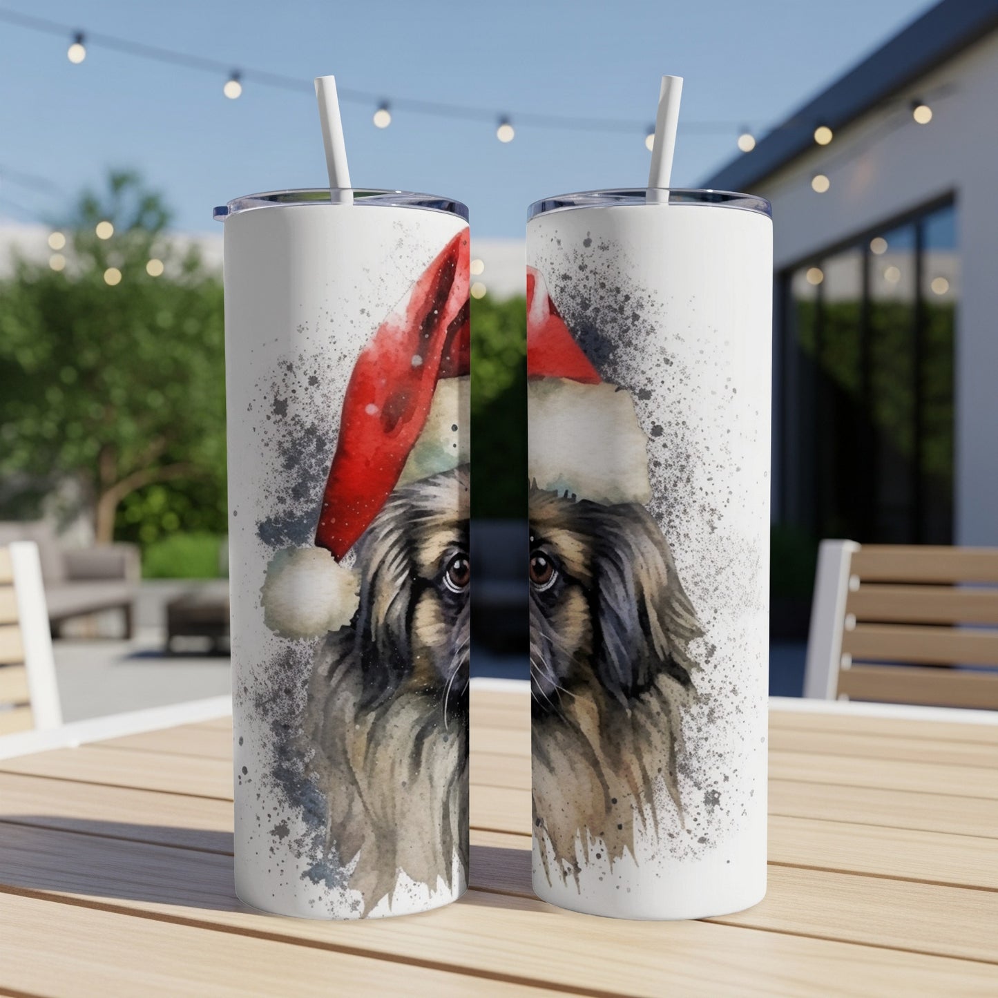 Watercolor Pekingese dog wearing a Santa hat on a white tumbler.