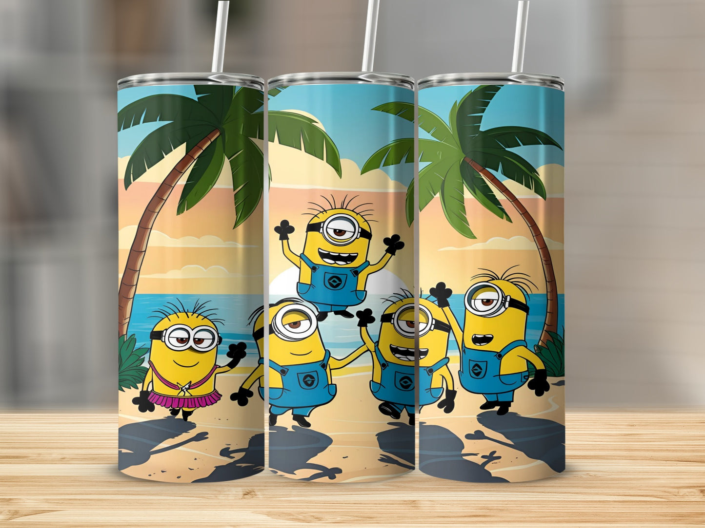 Minions celebrating on a beach with palm trees and ocean background.