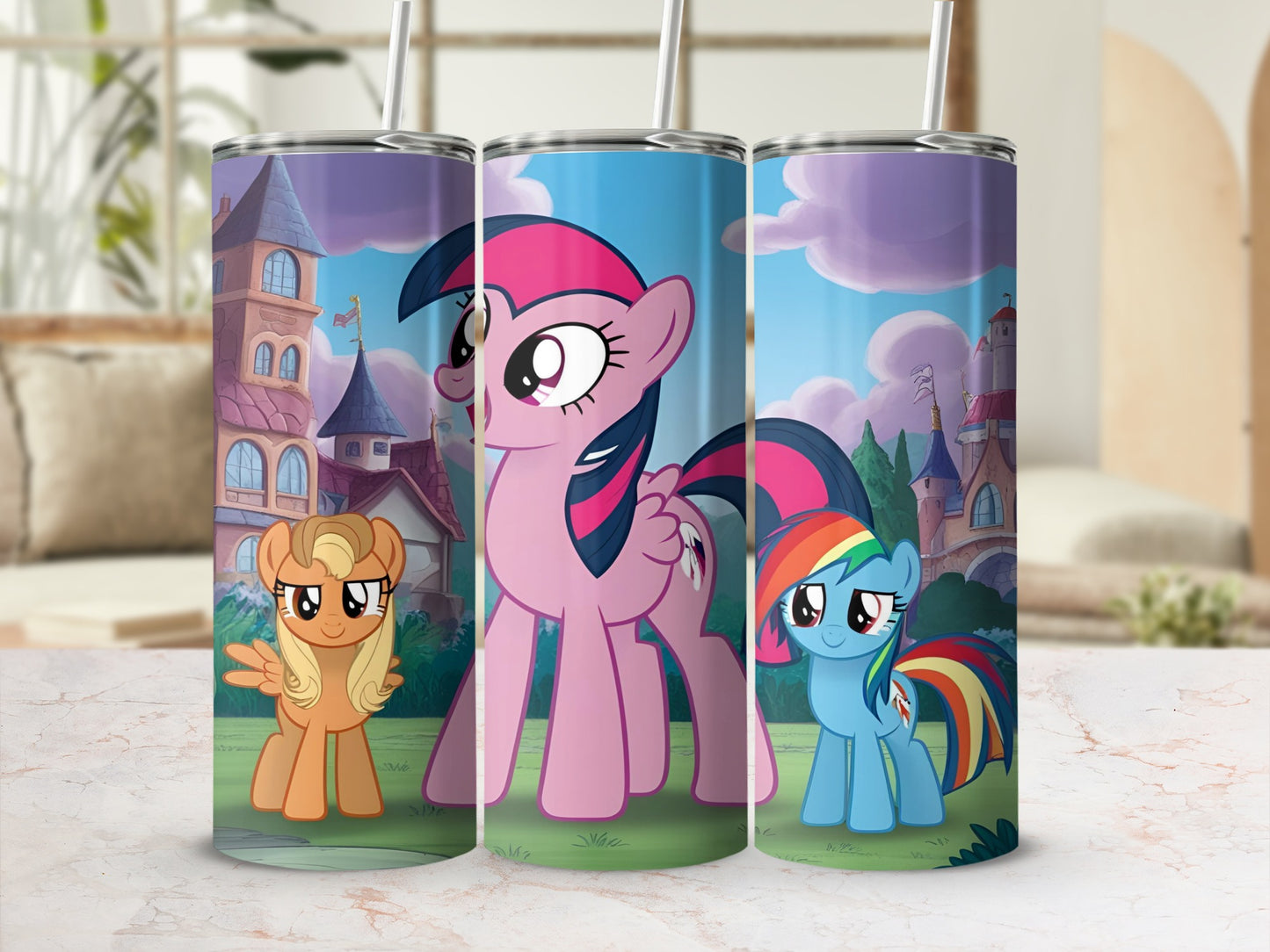 My Little Pony characters Applejack, Twilight Sparkle, and Rainbow Dash on a tumbler.