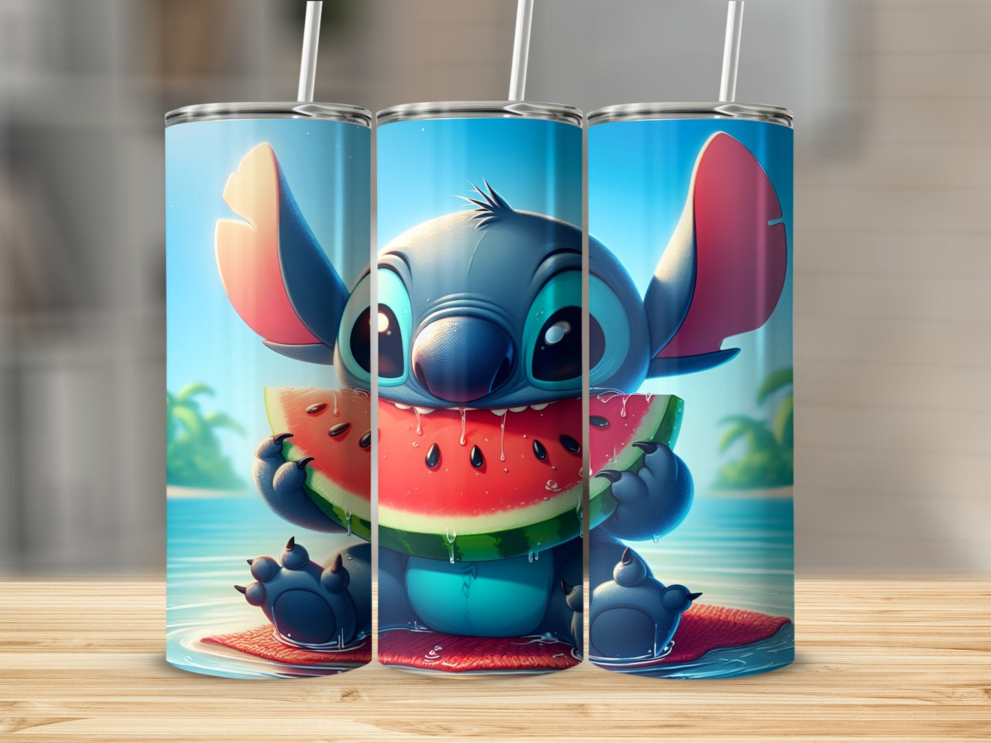 Stitch character with watermelon slice on a beach mat by the water.